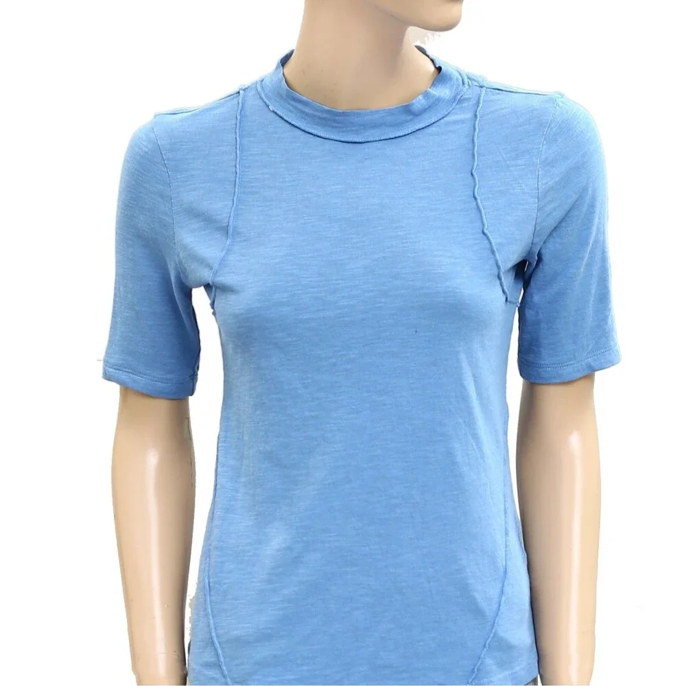 Anthropologie Pilcro Round Neck Tee Blouse Top Blue Short Sleeve XS New 279506